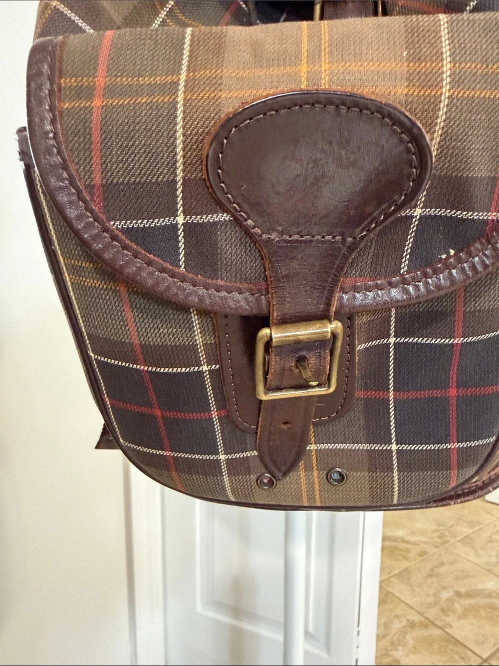 Barbour Brown Tartan Plaid Canvas Backpack with Leather Trim - Picture 3 of 12